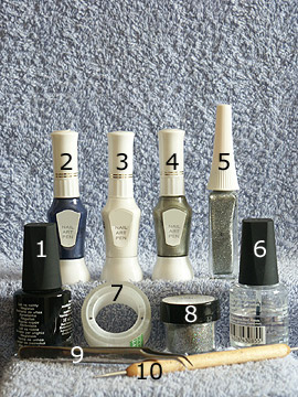 Productos para diseño con esmalte y polvo en plata - Polvo, Esmalte, Nail art liner, Nail art pen, Spot-Swirl, Esmalte transparente