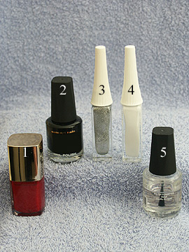 Products for nail art motif 1 - Nail polish, Nail art liner, Clear nail polish