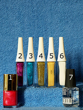 Products for the fingernail design for New Year´s Eve - Nail polish, Nail art liner, Clear nail polish