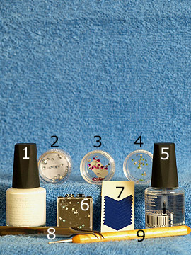 Products for nail art with strass stones in different colours - Nail polish, Strass stones, French manicure templates, Spot-Swirl, Clear nail polish