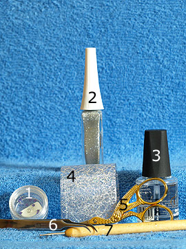 Products for nail design with net lace tulle - Strass stones, Nail art liner, Net lace tulle, Spot-Swirl, Clear nail polish