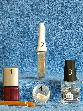 Products for fingernail motif with stellar strass stone - Nail polish, Nail art liner, Strass stones, Spot-Swirl, Clear nail polish
