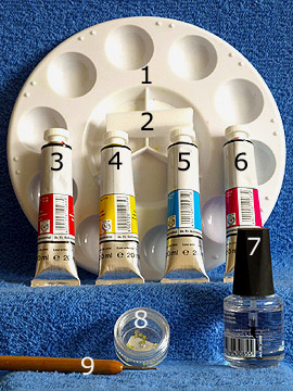 Products for the nail art motif with acrylic and strass stones - Acrylic, Strass stones, Spot-Swirl, Clear nail polish
