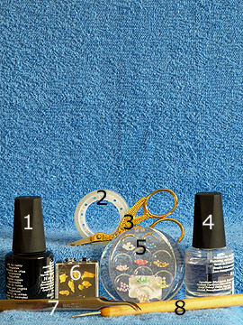 Products for the nail art motif with beaten gold and half pearls - Nail polish, Beaten gold, Half pearls, Spot-Swirl, Clear nail polish