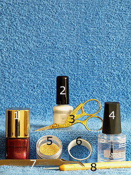 Products for the fingernail motif with metallic foil and nail art bouillons - Nail polish, Metallic foil, Nail art bouillons, Spot-Swirl, Clear nail polish