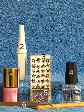 Products for the fingernail motif with 3D nail art sticker - Nail polish, Nail art liner, 3D Nail Sticker, Strass stones, Spot-Swirl, Clear nail polish