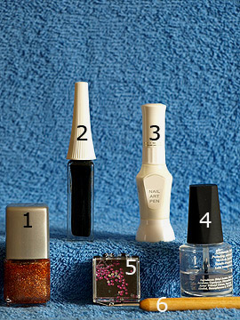 Products for the nail art motif with nail lacquer in copper-glitter - Nail polish, Nail art liner, Nail art pen, Strass stones, Spot-Swirl