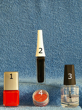 Products for the motif with glitter-powder and nail lacquer in dark orange - Nail polish, Nail art liner, Glitter-Powder