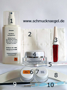Products for the fingernail motif with uv colour gel - Pads, Gel cleanser, Finishing gel, Colour gel, Nail file, Spot-Swirl