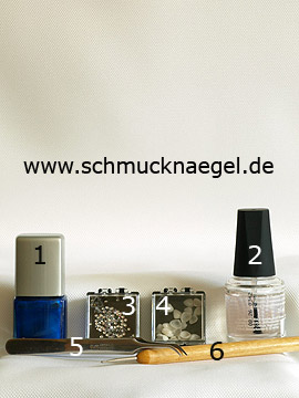 Products for the nail art motif with mussels and strass stones - Nail polish, Strass stones, Oceanic mussels, Spot-Swirl