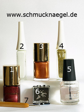 Products for the nail art with strass stones and nail lacquers - Nail polish, Nail art liner, Strass stones, Spot-Swirl
