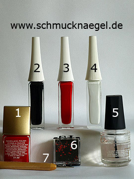 Products for the nail art 'Christmas sleigh as fingernail motif' - Nail polish, Nail art liner, Strass stones, Spot-Swirl