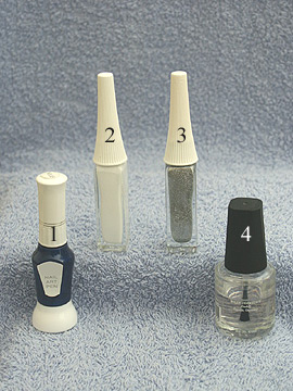 Products for nail design in dark-blue - Nail polish, Nail art liner, Clear nail polish
