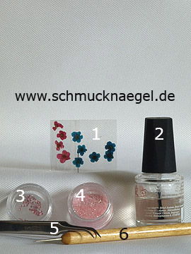 Products for the nail art 'Springtime motif with dried flowers' - Dried flowers, Strass stones, Glitter-Powder, Spot-Swirl