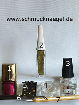 Products for the fingernails decorated with beaten gold - Nail polish, Nail art liner, Half pearls, Beaten gold, Spot-Swirl