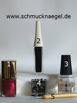 Products for the ornament nail design with strass stones - Nail polish, Nail art liner, Strass stones, Spot-Swirl