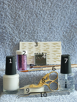 Products for motif with nail tattoo in waveform - Nail polish, Strass stones, Nail tattoo, Glitter-Powder, Clear nail polish