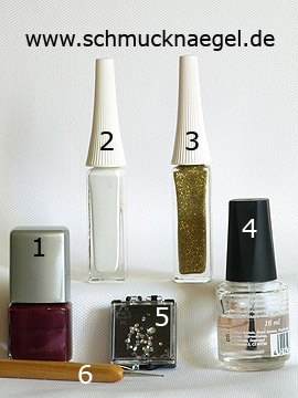 Products for the decoration the fingernails with a ornament motif - Nail polish, Nail art liner, Strass stones, Spot-Swirl