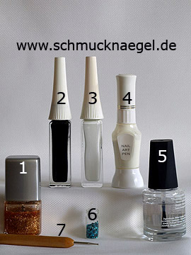 Products for the motif with nail lacquer in copper-glitter - Nail polish, Nail art liner, Nail art pen, Spot-Swirl, Sequins