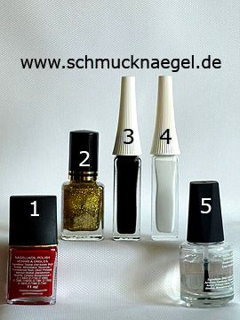 Products for the fingernail decoration in red and gold-glitter - Nail polish, Nail art liner