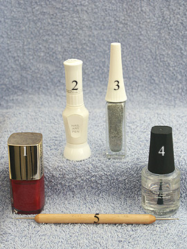 Products for full cover nails - Nail polish, Nail art liner, Nail art pen, Clear nail polish, Spot-Swirl or toothpick