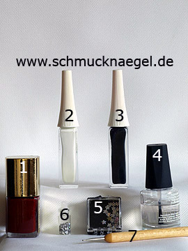 Products for the French motif in dark red with flowers strass stone - Nail polish, Nail art liner, Strass stones, Spot-Swirl