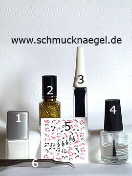 Products for the fingernail design with sheet music - Nail polish, Nail art liner, Nail sticker