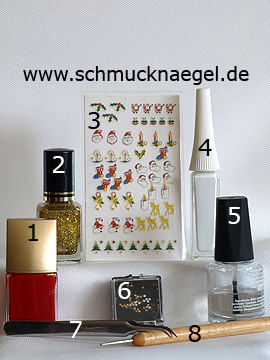 Products for the fingernail Christmas motif with Santa Claus sticker - Nail polish, Christmas sticker, Nail art liner, Strass stones, Spot-Swirl