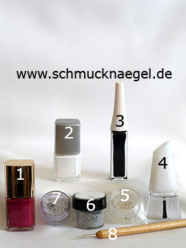 Products for the motif with glitter-powder in silver and stellar strass stone - Glitter-Powder, Nail polish, Nail art liner, Strass stones, Spot-Swirl