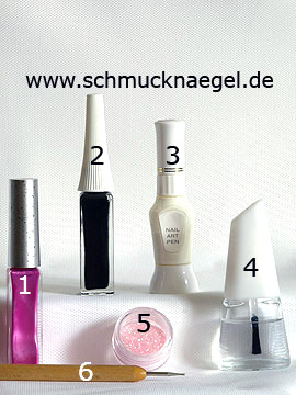 Products for the motif 'Flowers with glitter-powder and nail lacquer' - Nail art liner, Nail art pen, Glitter-Powder, Spot-Swirl