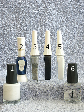 Products for motif full cover in blue and white - Nail polish, Nail art liner, Nail art pen, Clear nail polish