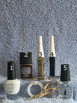 Products for full cover in dark-red and white - Nail polish, Nail art liner, Nail art pen, Clear nail polish