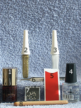 Products for motif dark red glitter french design - Nail polish, Strass stones, French manicure templates, Nail art liner, Spot-Swirl, Clear nail polish