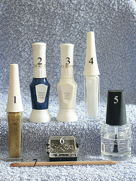 Products for french motif in dark-blue - Nail polish, Nail art pen, Nail art liner, Strass stones, Clear nail polish