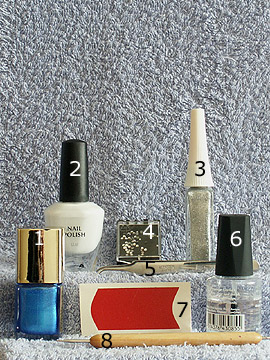 Products for motif French in blue white - French manicure templates, Nail polish, Nail art liner, Strass stones, Spot-Swirl, Clear nail polish