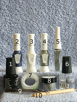 Products for the beauty nails in full cover - Glitter-Powder, Nail polish, Nail art liner, Nail art pen, Spot-Swirl, Clear nail polish