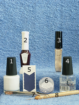 Products for the French motif for the fingernails - French manicure templates, Nail polish, Nail art liner, Nail art pen, Strass stones, Spot-Swirl, Clear nail polish