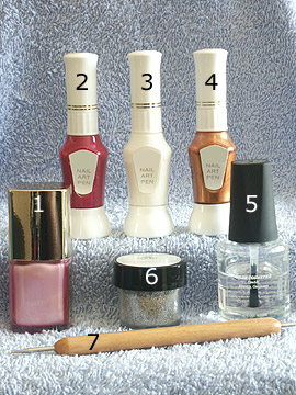 Products for the full cover in pink - Nail polish, Nail art pen, Spot-Swirl, Glitter-Powder, Clear nail polish
