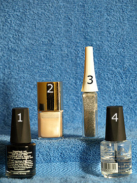 Products for the New Year´s Eve design for nails - Nail polish, Nail art liner, Clear nail polish