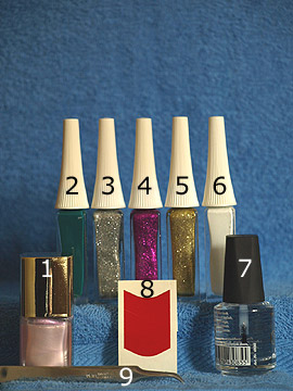 Products for the branch of fir as Christmas motif - Nail polish, Nail art liner, Clear nail polish, French manicure templates