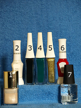 Products for the Christmas candy cane as nail art design - Nail polish, Nail art pen, Nail art liner, Clear nail polish